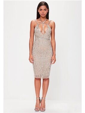 Peace + Love Missguided Sexy Cut-out Nude Silver Sequin Midi Party Dress 2
